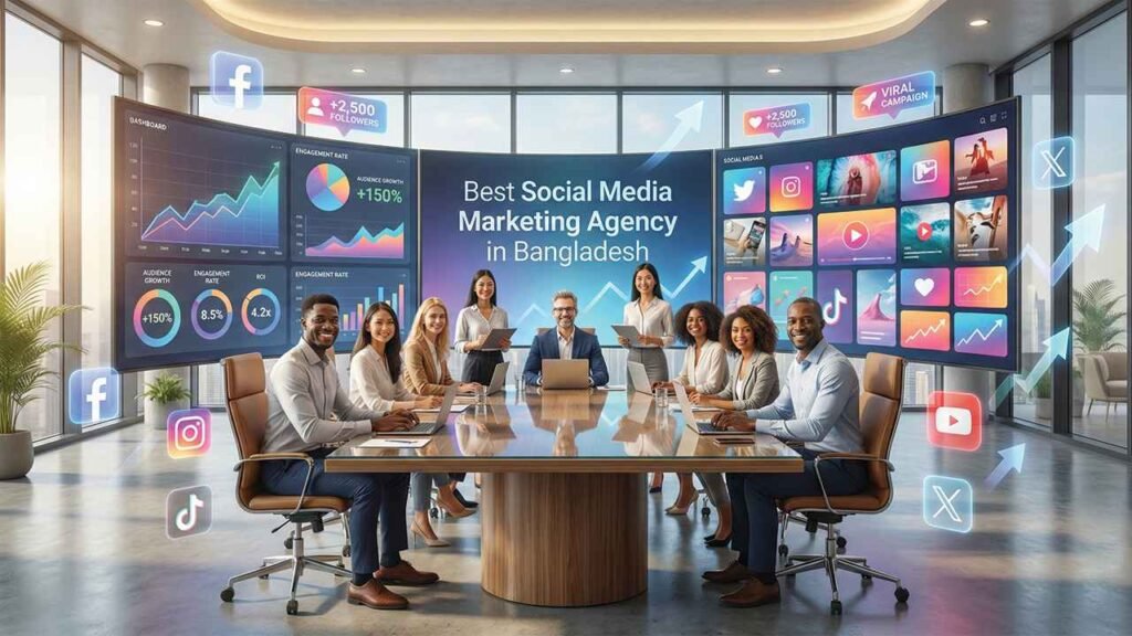 The professional marketing team at Enneaagon, the best social media marketing agency in Bangladesh, is analyzing growth data and social media campaigns for Facebook, Instagram, YouTube, X (Twitter), and TikTok.