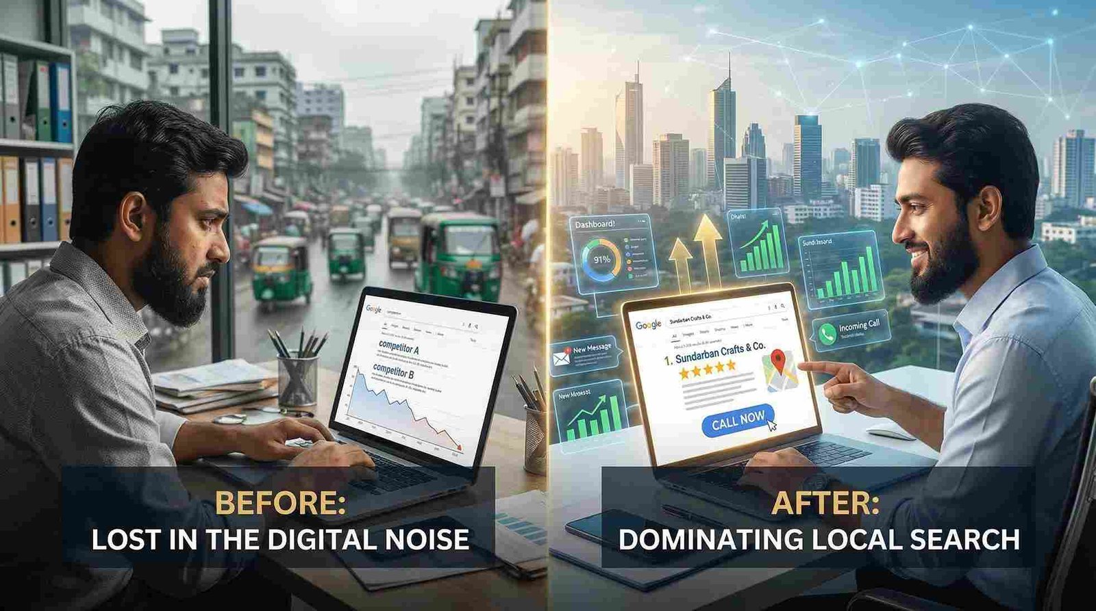 Local SEO service provider in Bangladesh showcasing a client dominating Google Maps and local search results with high star ratings and lead generation.