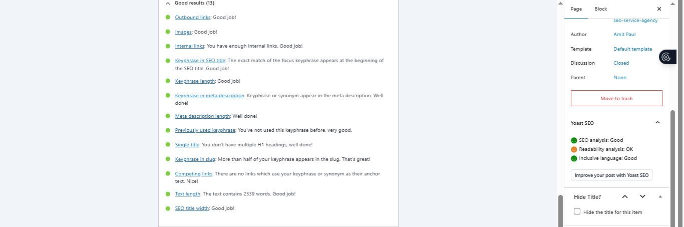 On-page SEO optimization proof for a 2,339-word article, showing perfect 'Green Light' scores in Yoast SEO for key phrase density, meta descriptions, and slug optimization.