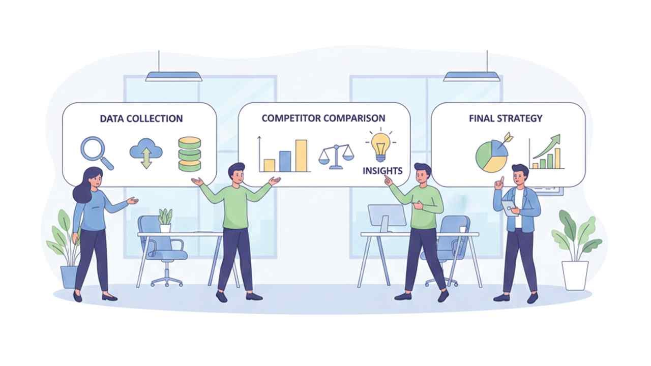 An infographic by Enneaagon titled 'How Our Competitor Analysis Works,' outlining a 4-step process: identifying top rivals, analyzing data gaps, developing an SEO strategy, and continuous market monitoring for Bangladesh businesses.