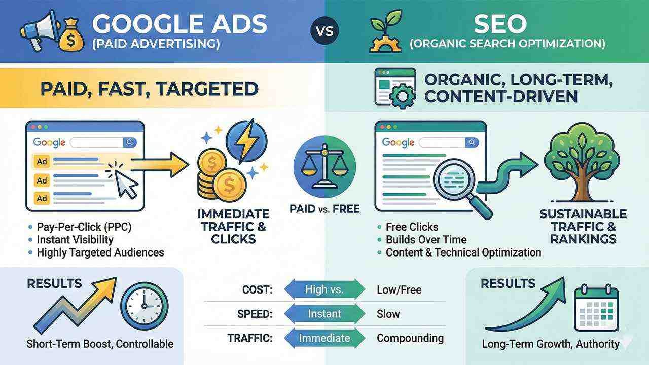 Infographic comparing a Google Ads agency's fast, targeted results with the long-term, organic growth of SEO, highlighting differences in cost, speed, and traffic.