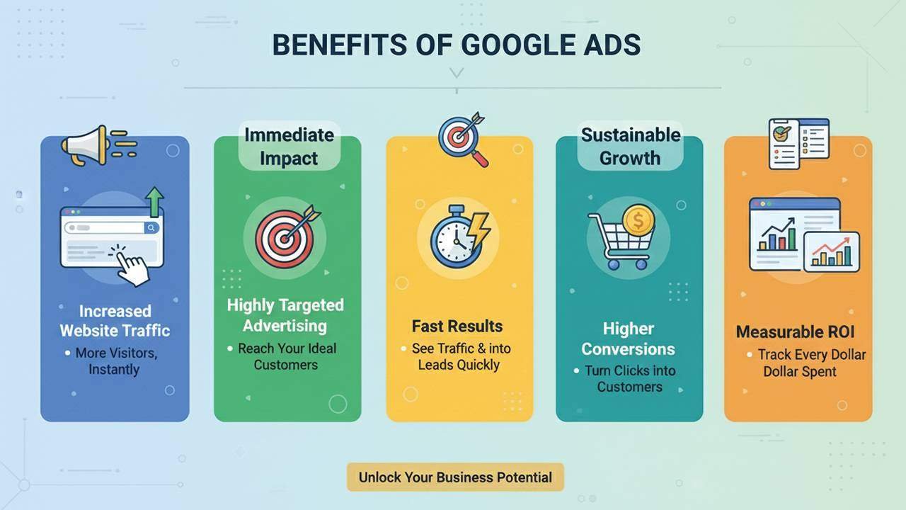 Infographic outlining the key benefits of partnering with a Google Ads agency, including increased website traffic, highly targeted advertising, fast results, higher conversions, and measurable ROI.