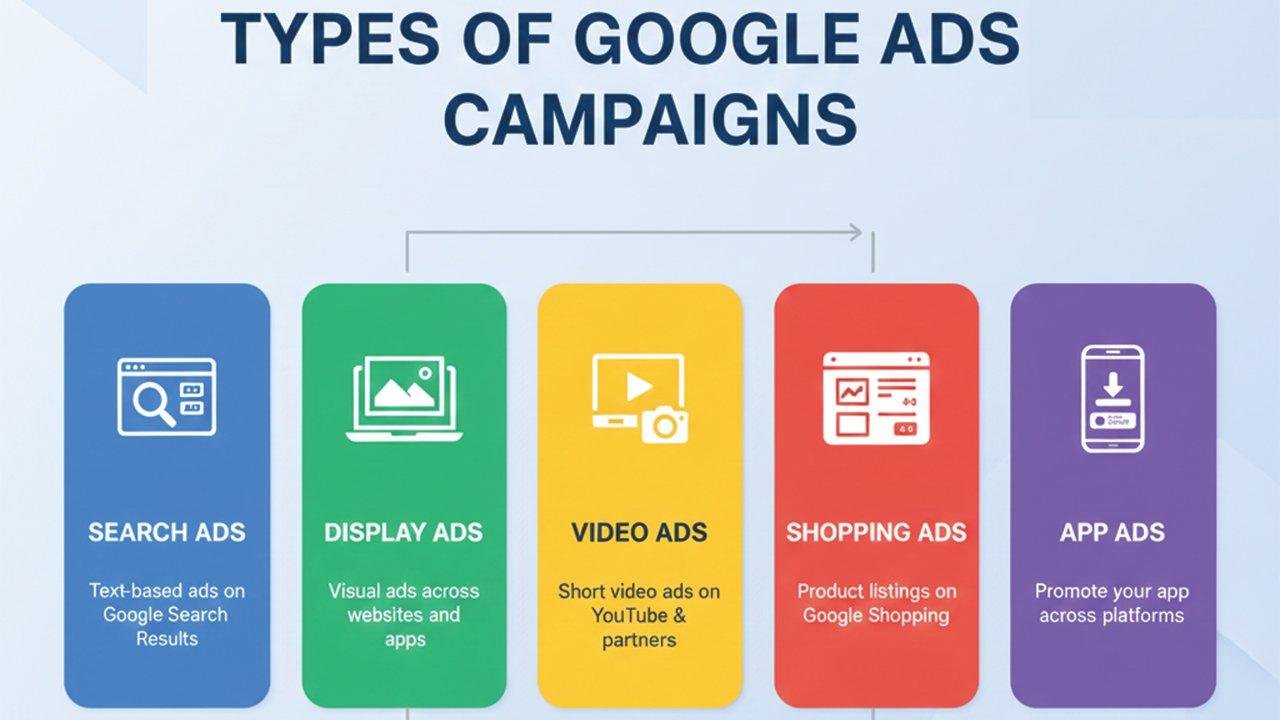 Overview of campaign types offered by our Google Ads agency, including Search, Display, Video, Shopping, and App Ads for comprehensive digital marketing.