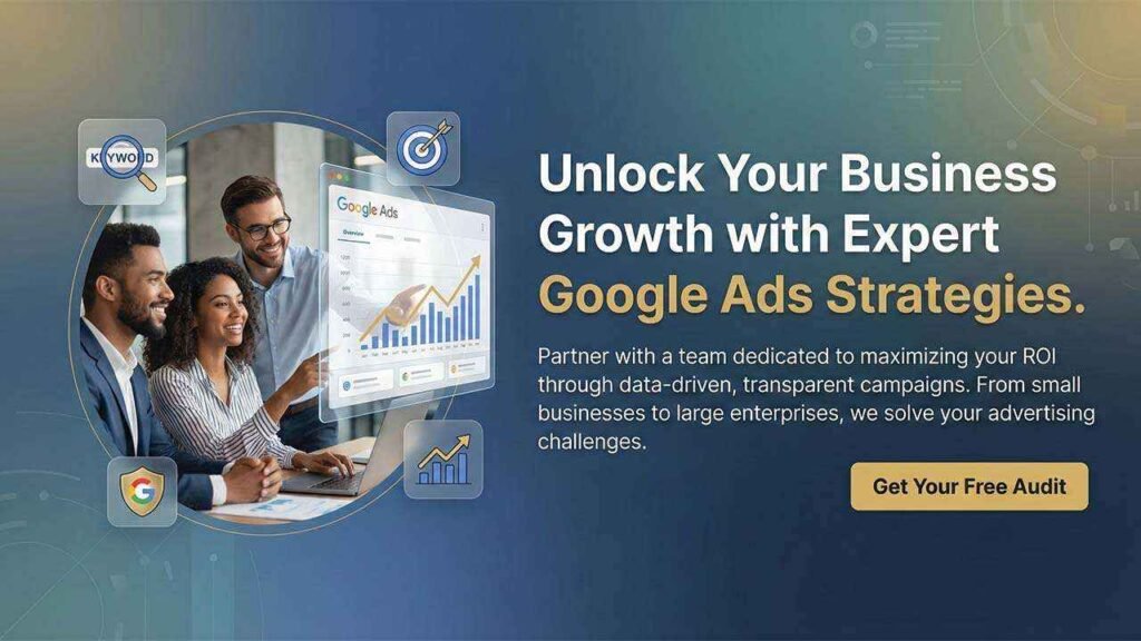 Professional team at a Google Ads agency analyzing a digital campaign dashboard to optimize business growth and ROI.