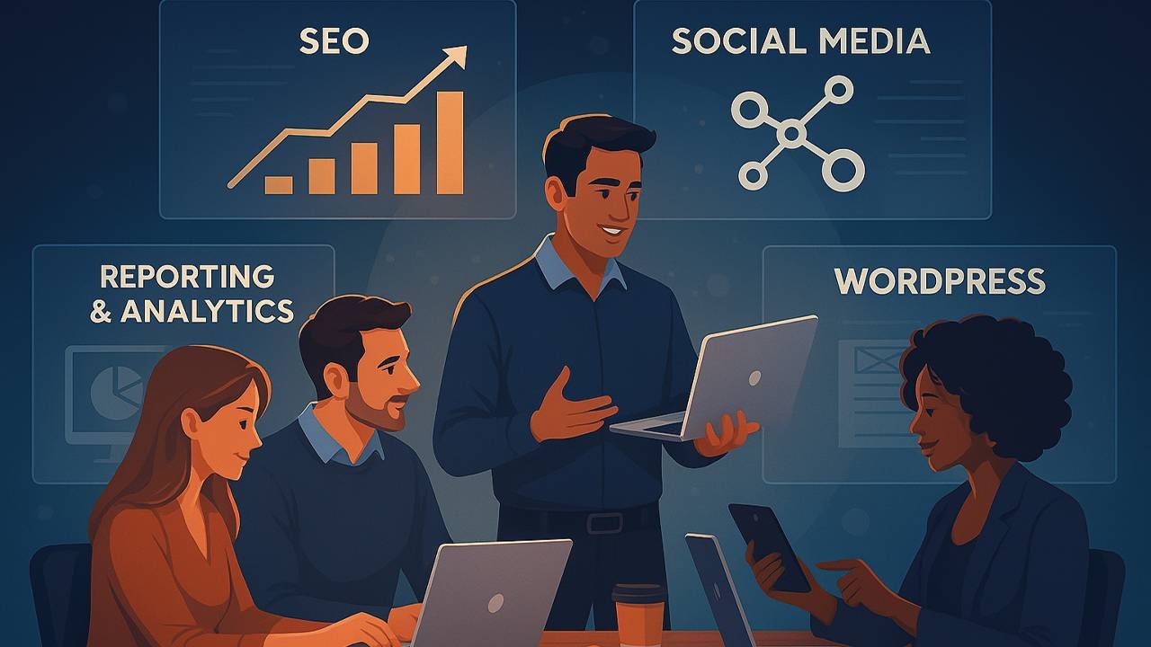 How We Work at Enneaagon, the best digital marketing agency in Bangladesh, showing a team collaborating on SEO, Social Media, Reporting & Analytics, and WordPress solutions.