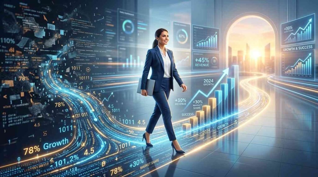 Data Analytics Service Agency hero image showing a professional navigating a digital growth roadmap.