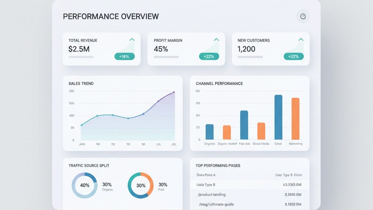 A conceptual business performance dashboard showing clean visualizations of revenue, profit margins, and traffic trends for a Data Analytics Service Agency.