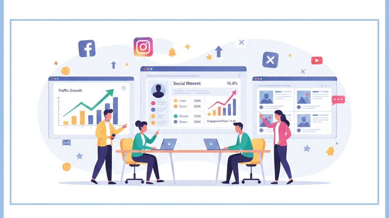 An illustration highlighting the importance and benefits of social media marketing for businesses in Bangladesh, showing traffic growth charts and engagement metrics managed by Enneaagon.