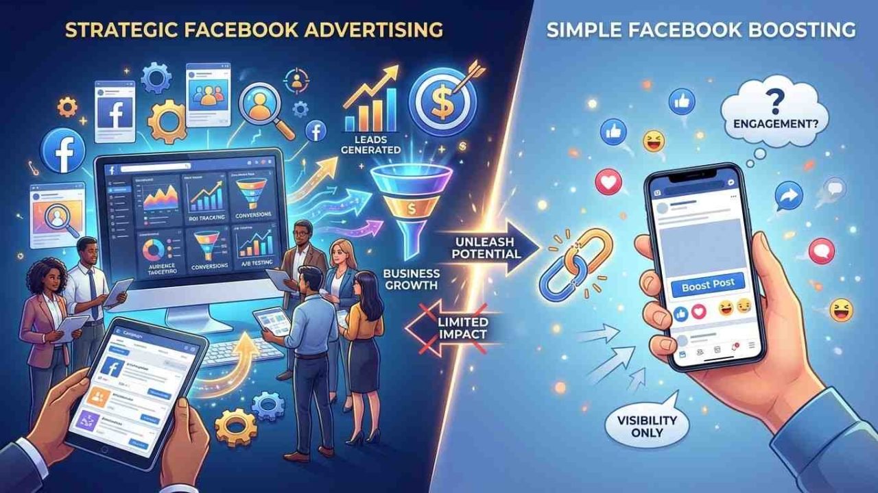 Comparison between strategic Facebook advertising and simple boosting for businesses in Bangladesh, showing how Enneaagon uses data-driven Ads Manager strategies to drive leads and sales growth.