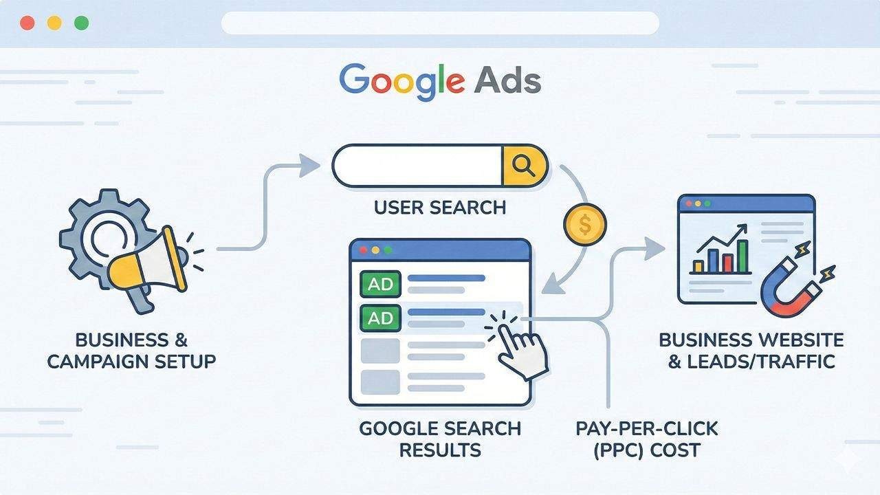 Infographic showing how a Google Ads agency manages the PPC process, from business campaign setup and user search to lead generation and traffic.