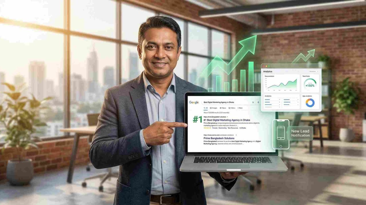 Professional SEO service provider in Bangladesh holding a laptop showing a #1 Google ranking and growth analytics dashboard.
