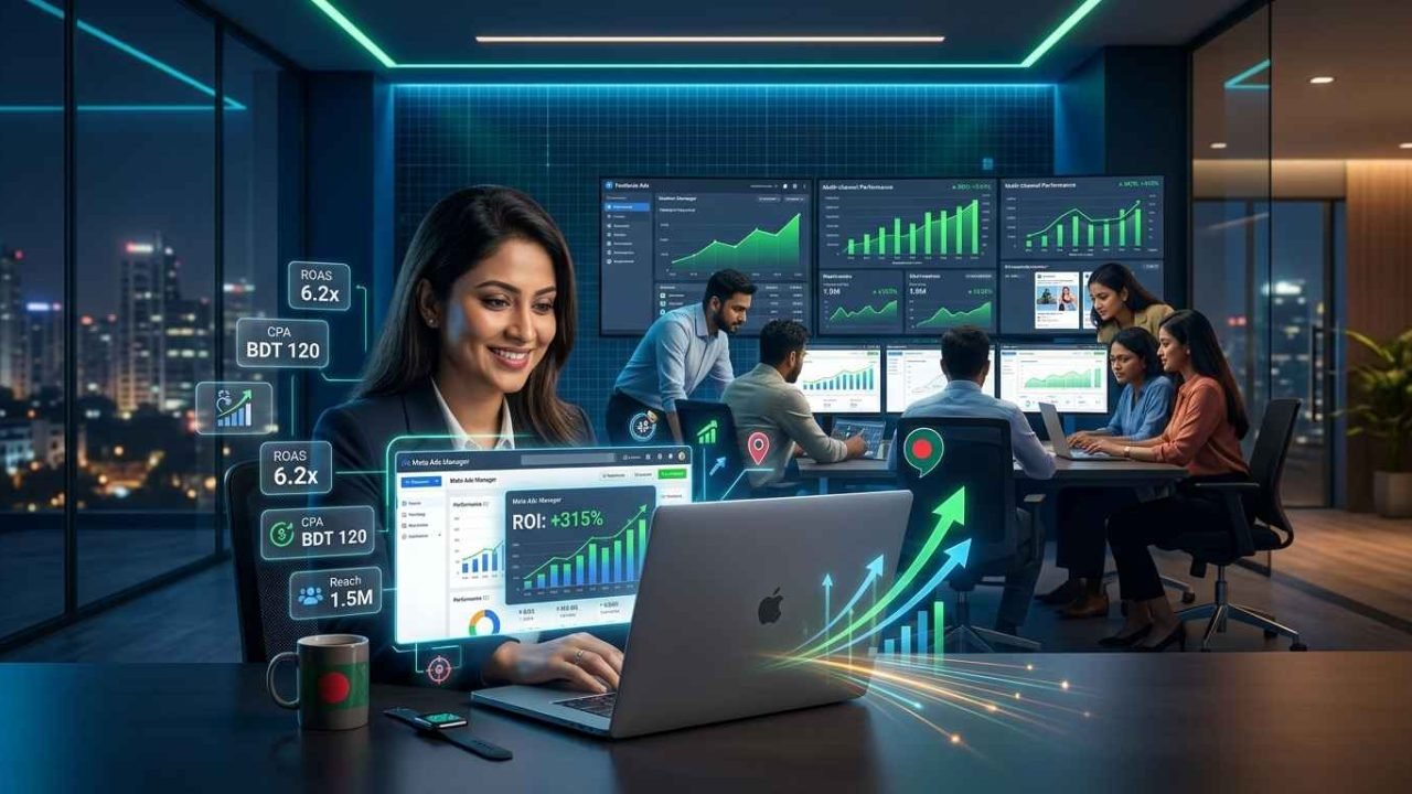 Professional team at Enneaagon, a results-driven Facebook Ad Agency in Bangladesh, analyzing Meta Ads Manager data to scale client ROI in Dhaka