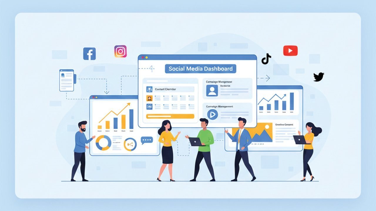 A professional team at a social media marketing agency in Bangladesh using a centralized dashboard to manage content calendars, track growth analytics, and plan social media strategies.